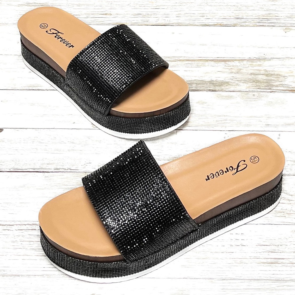 New Black  Rhinestone Platform Wedge Sandals